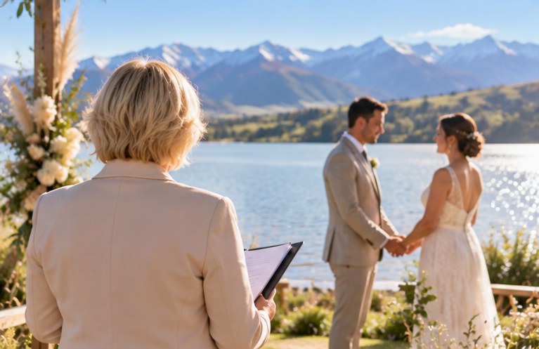 Illustrative image of a lakeside ceremony with mountains in the distance