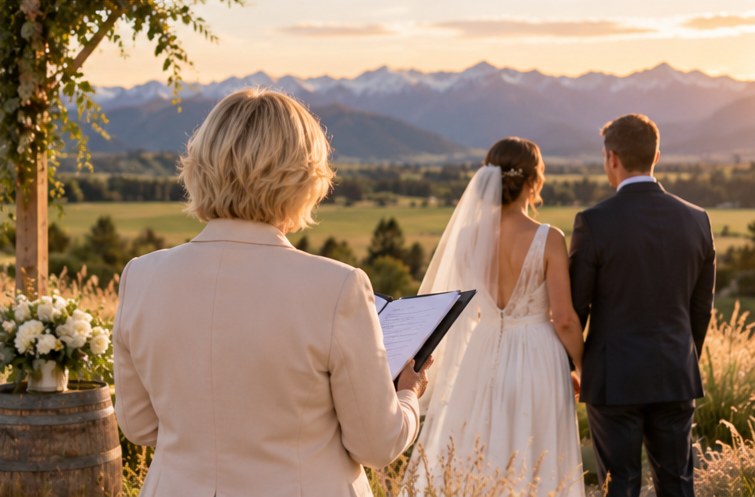 Illustrative image of a countryside ceremony at sunset