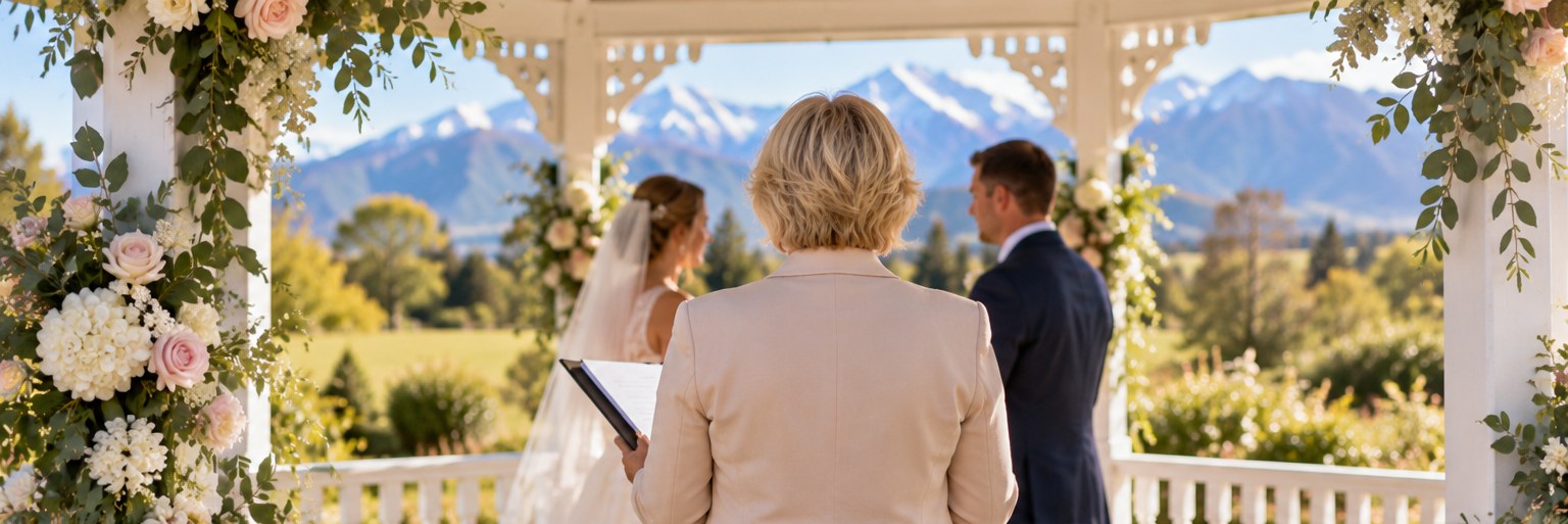 Illustrative image of a celebrant leading a ceremony under a floral gazebo with mountains beyond